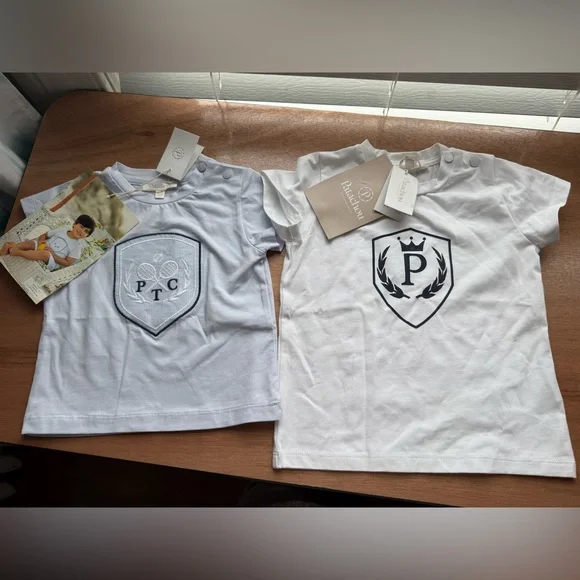 Patachou Boys White and Light Blue Crest T-Shirts - Picture 1 of 6